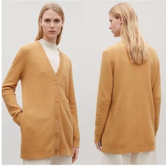 COS Mustard Tan Textured V Neck Button Up Long Cardigan Sweater - Picture 1 of 7